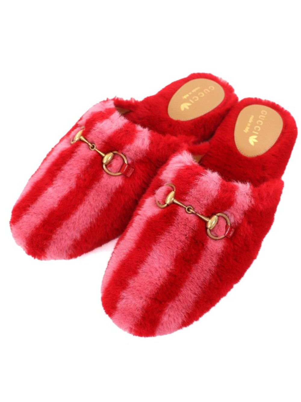 Gucci x Adidas Horsebit Stripe Fur Leather Mules Red Pink